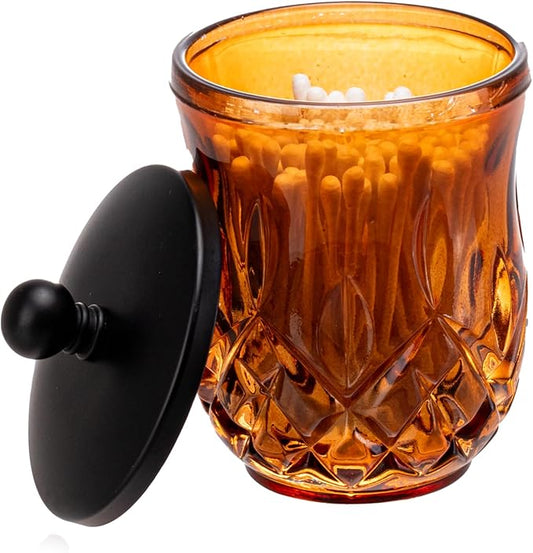 ZIVQEXMURL Qtip Holder,10 Oz Amber Glass Apothecary Jars with Matte Black Lids for Bathroom Organization & Desk Storage,Thick Glass Apothecary Jars for Q-Tips,Cotton Rounds, Jewelry,Candy,Round