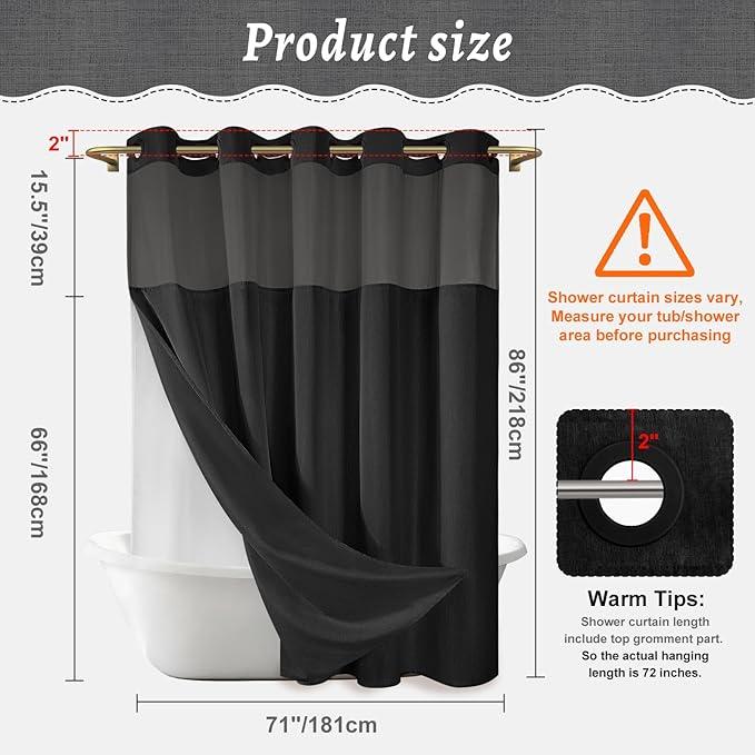 WONICY Extra Long No Hook Shower Curtain with Snap in Liner, Polyester Textured Shower Curtain with Liner Set, Waterproof Washable Hotel Style Shower Curtains for Bathroom, 71Wx86H, Black - ModernBath
