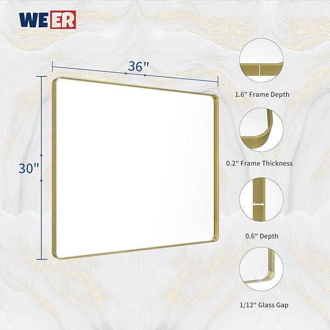 WEER Gold Bathroom Mirror, 36X30 Inch Brushed Gold Metal Frame Mirror, Rounded Rectangle Gold Bathroom Vanity Mirror for Wall, Tempered Glass, Anti-Rust, Hangs Horizontally or Vertically - ModernBath