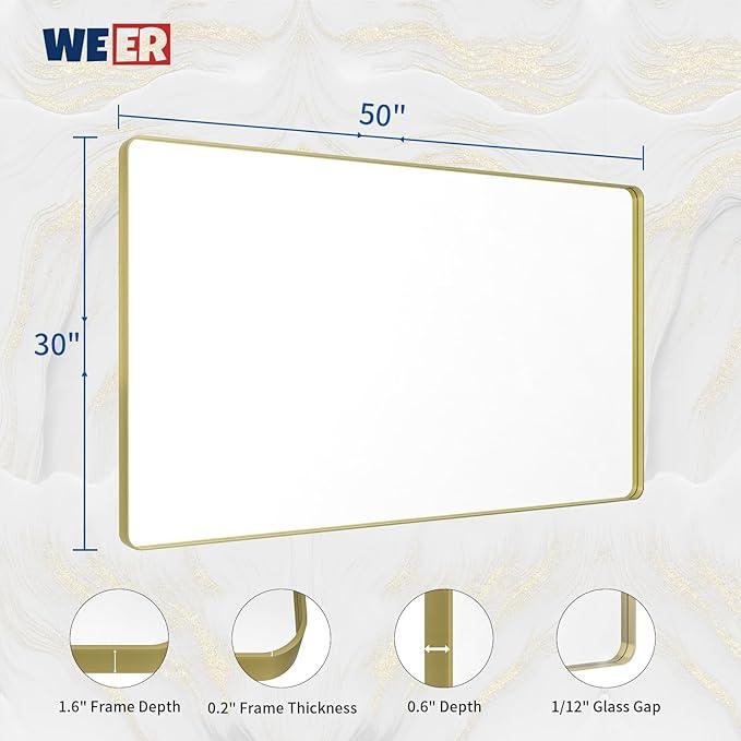 WEER Gold Bathroom Mirror, 50X30 Inch Brushed Gold Metal Frame Mirror, Rounded Rectangle Gold Bathroom Vanity Mirror for Wall, Tempered Glass, Anti-Rust, Hangs Horizontally or Vertically - ModernBath