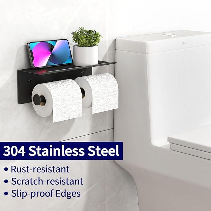 YUMORE Toilet Paper Holder, 304 Stainless Steel Bathroom Double Roll Tissue Holder with Shelf, Wall Mounted Washroom Dual TP Dispenser Storage（Black） - ModernBath