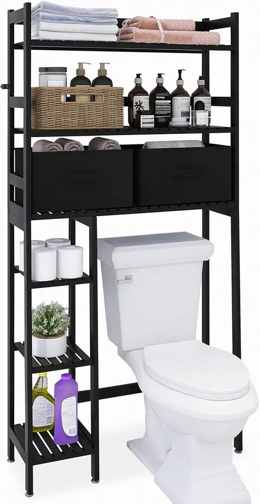 SMIBUY Over-The-Toilet Storage Rack, 6-Tier Bamboo Large Bathroom Organizer with Side Shelves and 2 Drawers, Stable Freestanding Space Saver for Bathroom, Laundry Room(Black) - ModernBath