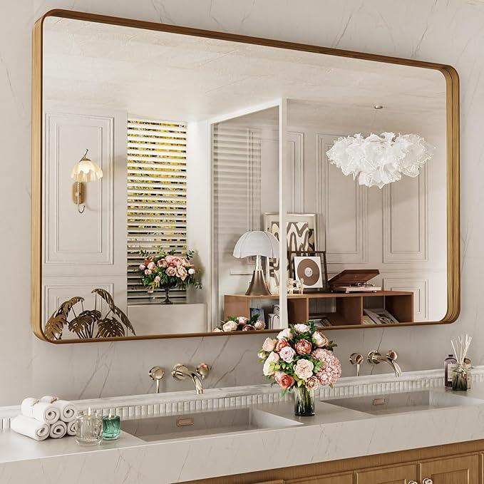 LOAAO 60X40 Inch Bathroom Mirror with Wood Grain Colored Metal Frame, Rounded Rectangle Metal Framed Bathroom Mirror, Anti-Rust, Hangs Horizontally or Vertically, Tempered Glass - ModernBath