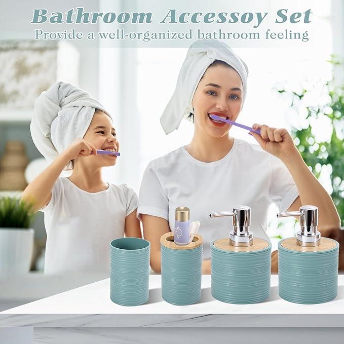 XLHOMO Blue Bathroom Set, Light Blue Bathroom Accessories Set with Trash Can, 2PCS Soap Dispensers, Soap Dish, Toothbrush Holder, Toothbrush Cup,Toilet Brush, Tray and Qtip Holders for Bathroom Decor - ModernBath