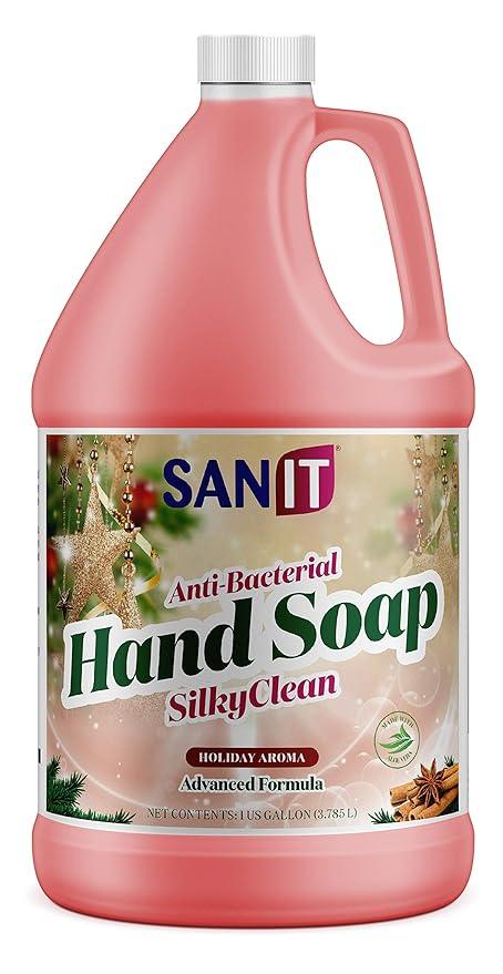 Sanit Silky Clean Antibacterial Liquid Gel Hand Soap Refill - Advanced Formula with Coconut Oil and Aloe Vera - All Natural Moisturizing Hand Wash - Made in USA, Holiday Aroma, 1 Gallon - ModernBath