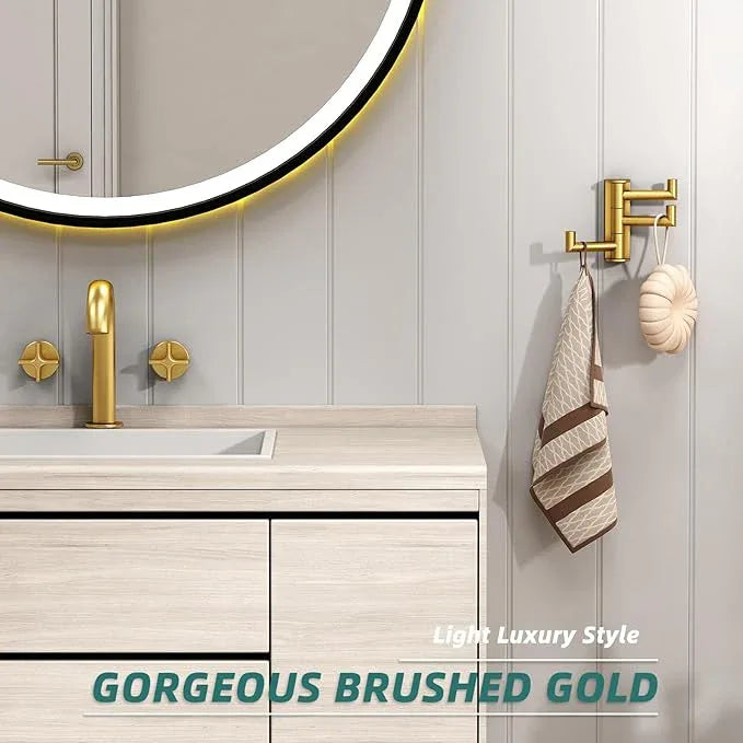 APLusee Swivel Towel Hook, 304 Stainless Steel Foldable Clothes Hook with Multi Three Rotating Arm, Flexible Bathroom Kitchen Storage Hanger Wall Mounted, Brushed Gold - ModernBath