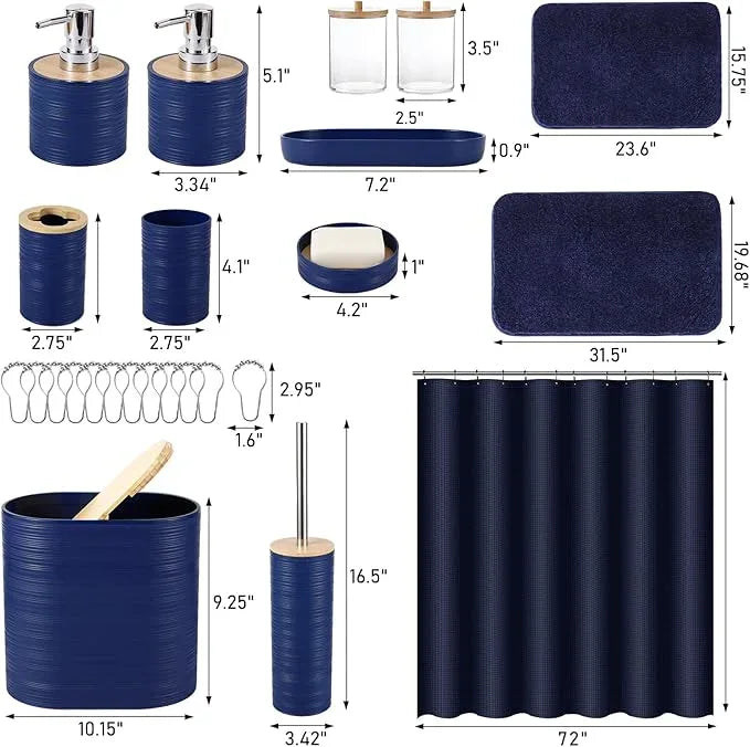 XLHOMO Bathroom Set - Navy Blue Bathroom Accessories Set, Bathroom Sets with Shower Curtain and Rugs, 25PC Shower Curtain Set with Hooks, Soap Dispenser, Soap Dish, Toilet Brush Holder and Trash Can - ModernBath