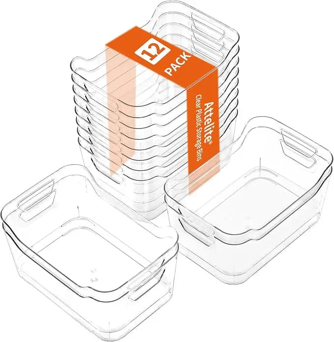 Attelite 12 Pack Clear Plastic Storage Bins, Multi-Use Pantry Organizers and Storage, Pantry Organizer Containers for Home, Kitchen, Freezer, Fridge, Cabinet, Bathroom and Under Sink Organizing - ModernBath