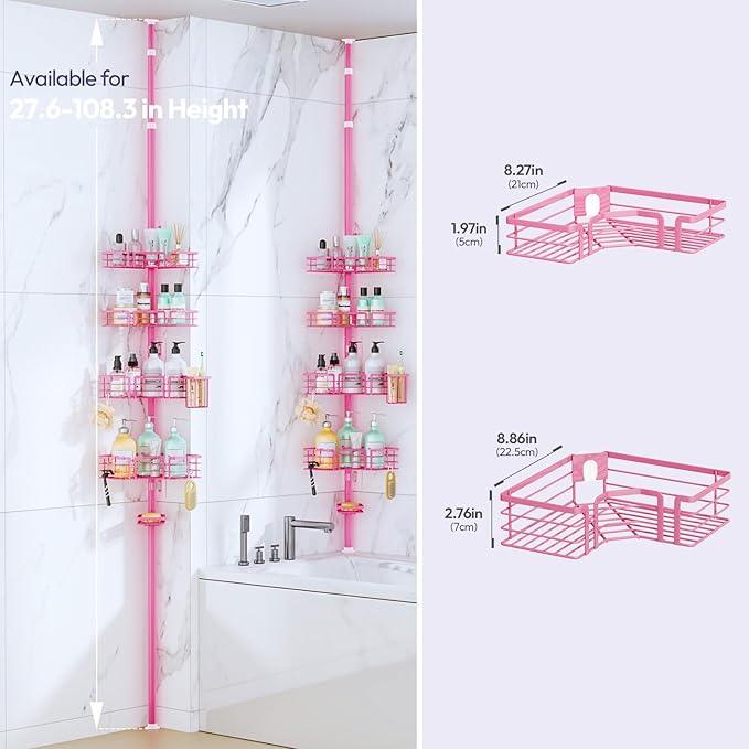 SWTYMIKI Shower Caddy Tension Pole - 4-Tier Corner Shower Organizer Tension Rod with Soap Holder, Toothbrush Holder & 4 Hooks, Adjustable Stainless Steel Bathroom Organizer 27.6 to 108.3 inch, Pink - ModernBath