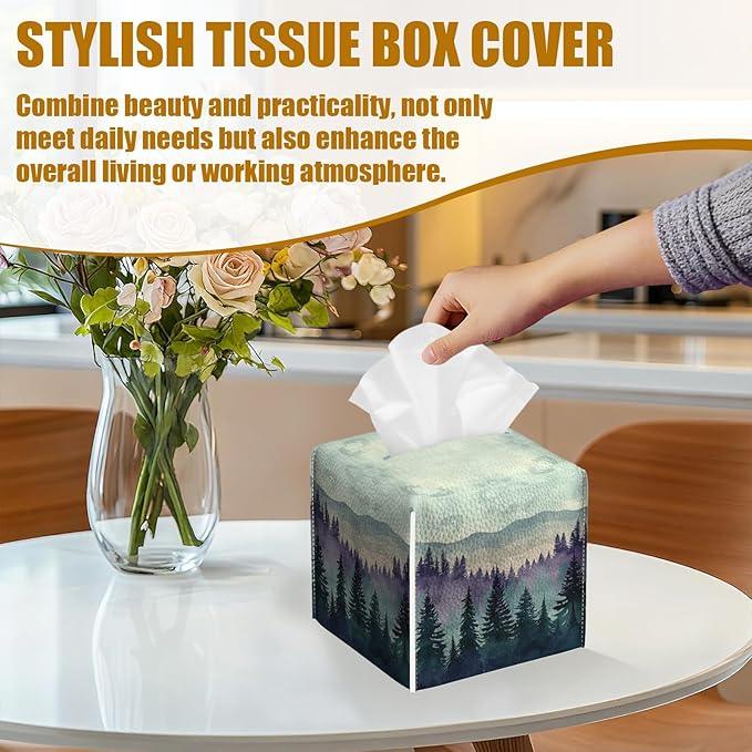 Misty Forest Tissue Box Cover 2PCS, Leather Tissue Box Holder Square Facial Paper Case Tissue Box Cube Organizer for Bathroom Bedroom Desk Office - ModernBath