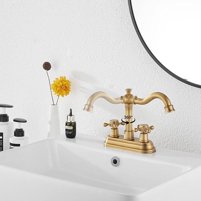 Bathroom Faucet Antique Brass GGStudy 2 Handles 4 Inches Centerset Bathroom Vanity with Drain Assembly and Supply Hose Lavatory Faucet Mixer Double Handle Tap - ModernBath