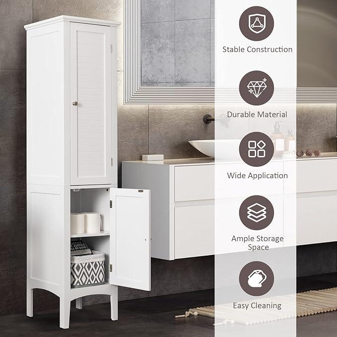 Giantex Storage Cabinet Bathroom High Cabinet with 5 Tier Storage Shelves, Freestanding Slim Cabinet, Tall Organizer for Kitchen, Living Room, Linen Tower Narrow Floor Cabinet (White) - ModernBath