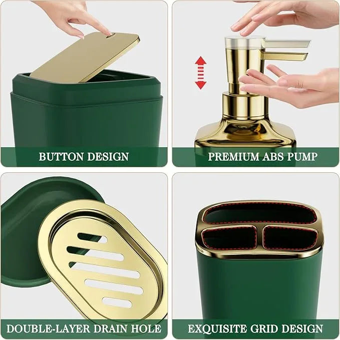 XLHOMO Bathroom Accessories Set - 25PC Bathroom Set with Shower Curtain and Rugs, Green Bathroom Set, Bathroom Accessory Set with Press-on Lid Trash Can, Soap Dispenser and Qtip Holders - ModernBath