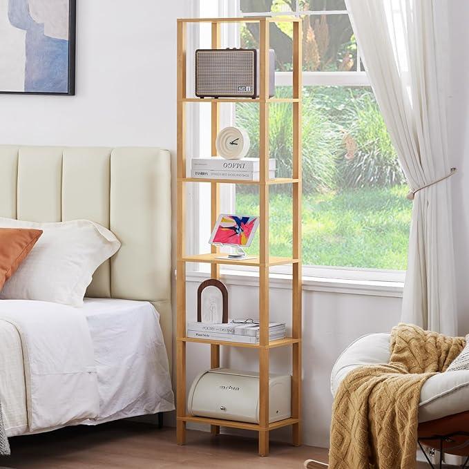 54in Tall Bookshelf 5-Tier Small Narrow Bookcase, Skinny Book Shelf for Small Space, Farmhouse Slim Shelf with Storage, Wood Freestanding Display Thin Bookshelves for Living Room, Natural - ModernBath