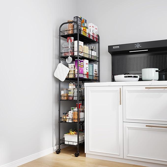 6 Tier Slim Storage Cart with Wheels, Metal Mobile Shelving Unit Organizer Utility Cart for Office Bathroom Kitchen Laundry Room Narrow Places (10inches) - ModernBath