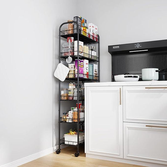 6 Tier Slim Storage Cart with Wheels, Metal Mobile Shelving Unit Organizer Utility Cart for Office Bathroom Kitchen Laundry Room Narrow Places (10inches) - ModernBath