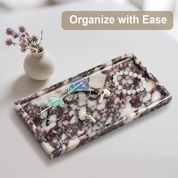 Natural Marble Vanity Tray - Moujings Genuine Marble Perfume Tray for Bathroom Decor, Stone Bathroom Vanity Organizer Tray for Kitchen Counter, Candles, Jewelry, Coffee, Makeup, Key - ModernBath