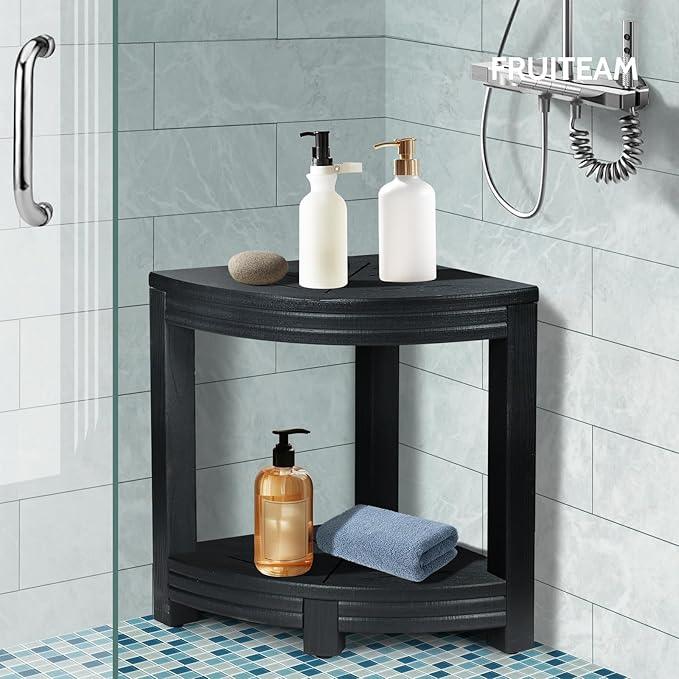 FRUITEAM HDPE Shower Bench, Waterproof Corner Shower Stool for Bathroom, Double-Layer Shower Shelf with Non-Slip Feet, 17" Seat Height, Holds 350 lbs, for Seniors, Small Bathroom Spaces - ModernBath