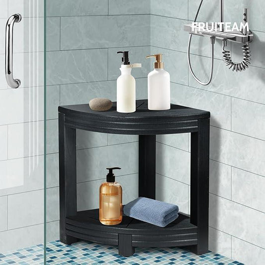 FRUITEAM HDPE Shower Bench, Waterproof Corner Shower Stool for Bathroom, Double-Layer Shower Shelf with Non-Slip Feet, 17" Seat Height, Holds 350 lbs, for Seniors, Small Bathroom Spaces - ModernBath