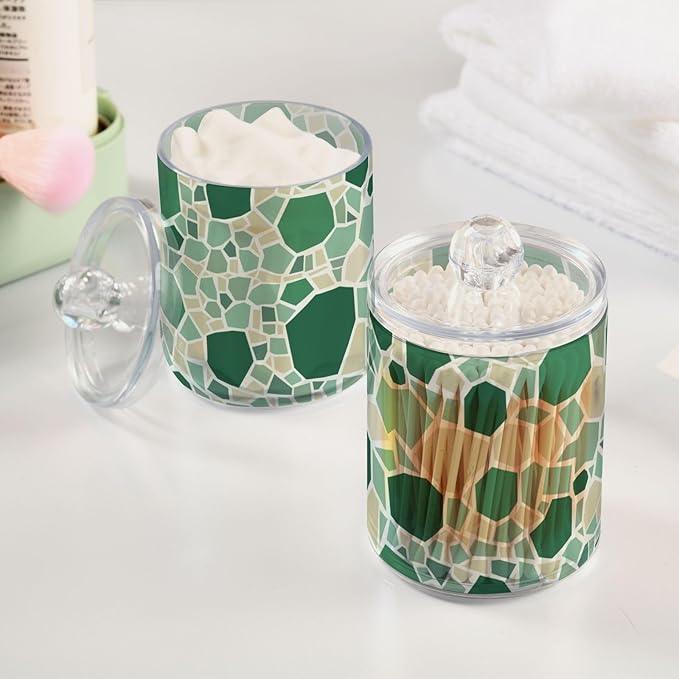 Tatenale Qtip Holder Bathroom Set Q tip Cotton Ball Swab Pad Dispenser Container Organizer Plastic Jars with Lids Storage 2Pack Monochromatic Terrazzo Green - ModernBath