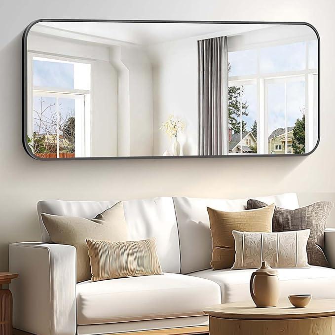 CIVENO Bathroom Mirror, 60 x 30 inch Black Rectangle Wall Mirror, Metal Frame Rounded Corner Vanity Mirror, Large Wall Mounted Mirrors for Over Sink Bedroom Living Room Horizontal Or Vertical Mounting - ModernBath