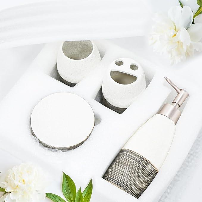 CERBIOR Bathroom Accessories Set,4 Pcs Ceramic Bathroom Decor Accessory,Includes Toothbrush Holder, Toothbrush Cup, Soap Dish for Decorative Countertop and Housewarming Gift, (Grey White) - ModernBath