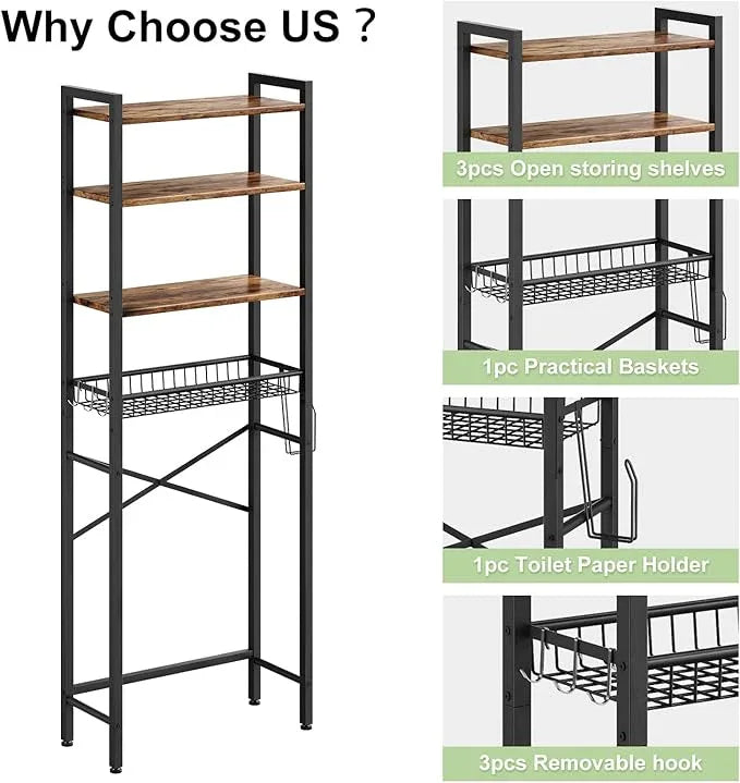 Over-The-Toilet Storage Rack, 4-Tier Bathroom Organizer Shelf Over Toilet with Adjustable Shelf and Basket, Freestanding Space Saver Bathroom Shelves Above Toilet for Room (Vintage Brown) - ModernBath