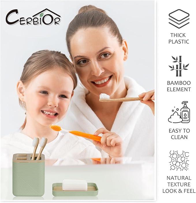 CERBIOR Bathroom Accessories Set 6 Piece Bamboo Bath Ensemble Includes Soap Dispenser, Toothbrush Holder, Toothbrush Cup, Soap Dish for Decorative Countertop and Housewarming Gift (Green) - ModernBath