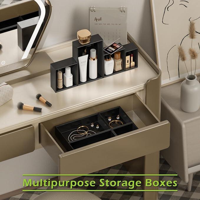 Bathroom Drawer Organizer Trays, Bamboo Drawer Organizer Kitchen Utensils Silverware Organizer, 8 PCS Wood Box Stackable Bins for Makeup, Office Desk, Junk Drawer (Black) - ModernBath