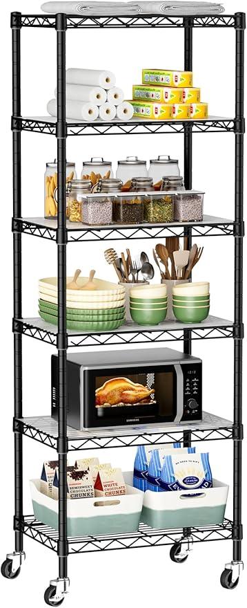 Small 6 Tier Shelves Storage Wire Shelving Unit Metal Shelf Adjustable Organizers Storage Shelving with Wheels for Bathroom Laundry Room Kitchen Pantry12”D x 18”W x 61.6”H Black - ModernBath