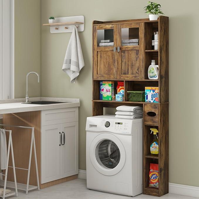 Vabches Over The Toilet Storage Cabinet, Bathroom Shelf Over Toilet with Glass Doors and Adjustable Shelves, Brown Freestanding Home Space Save Toilet Rack, for Restroom, Bathroom, Laundry - ModernBath