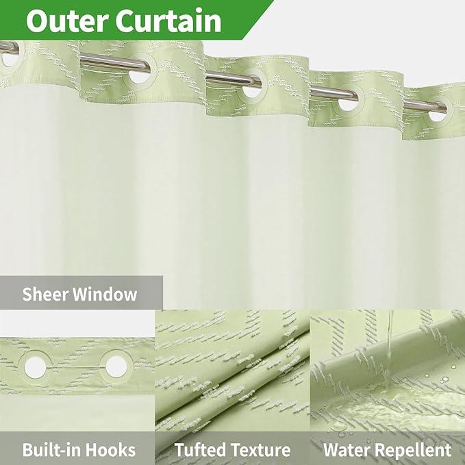 Extra Long No Hook Boho Shower Curtain with Snap-in Fabric Liner Set,71x86,White Woven Fabric Tufted Chevron Striped Design,Modern Chic Minimalist Bathroom Curtain,71x86,Sage Green - ModernBath