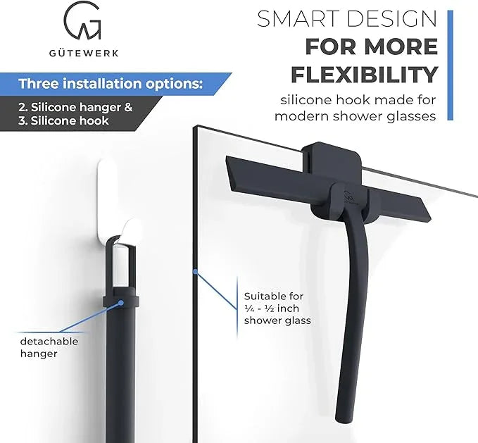 GÜTEWERK Shower Squeegee for Glass Doors, Silicone Window Squeegee, Bathroom and Glass Cleaning - Black - 15 Inch - ModernBath