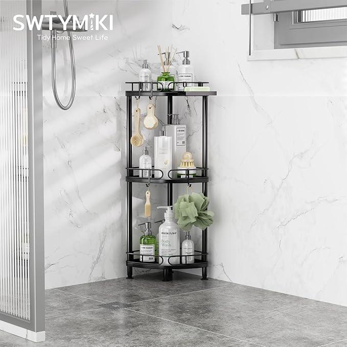 SWTYMIKI Corner Shower Caddy Standing - 3 Tier Rustproof Metal Shower Organizer Stand with Soap Holder and 4 Hooks, Freestanding Floor Shower Storage Stands for Bathroom, Black - ModernBath