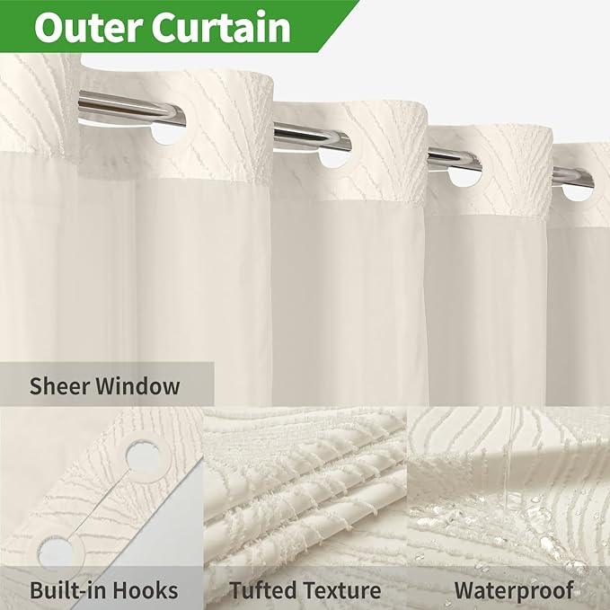 eachope stall no Hook Tufted Shower Curtain with snap in Liner Set, White Waterproof Fabric Inner Liner,Boho Style Shower Curtain with See Through top Window, Cream, 36Wx74H - ModernBath