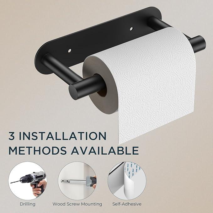 FORIOUS Black Toilet Paper Holder, Adhesive or Wall Mounted Options, Stainless Steel Rustproof Stick on no Drilling Double Post Pivoting Toilet Tissue Roll Holder for Bathroom,2 Pack Matte Black - ModernBath