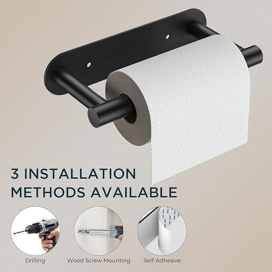 FORIOUS Black Toilet Paper Holder, Adhesive or Wall Mounted Options, Stainless Steel Rustproof Stick on no Drilling Double Post Pivoting Toilet Tissue Roll Holder for Bathroom,2 Pack Matte Black - ModernBath
