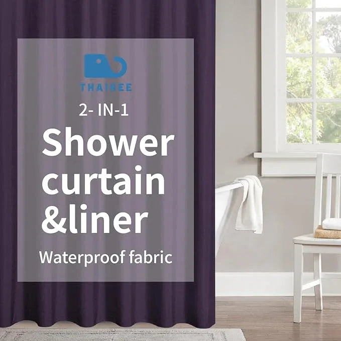 THAIGEE 2-in-1 Waterproof Fabric Shower Curtain or Liner,Linen Textured,Breathable TPU & Washable Bathroom Shower Curtain Set with 12 Plastic Hooks,Modern,72"x72" Purple - ModernBath