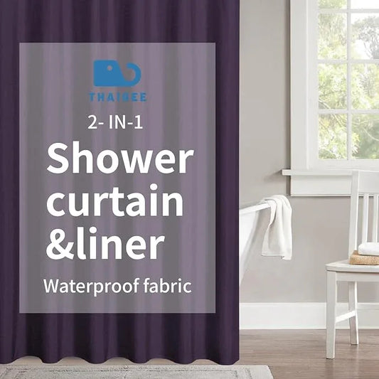 THAIGEE 2-in-1 Waterproof Fabric Shower Curtain or Liner,Linen Textured,Breathable TPU & Washable Bathroom Shower Curtain Set with 12 Plastic Hooks,Modern,72"x72" Purple - ModernBath