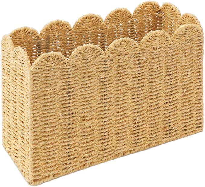 Handwoven Khaki Paper Rope Magazine Holder with Scalloped Edge –Toilet Paper Storage Basket Decorative Storage Basket for Magazines, Newspapers, Mail, Living Room, Bathroom & Office - ModernBath