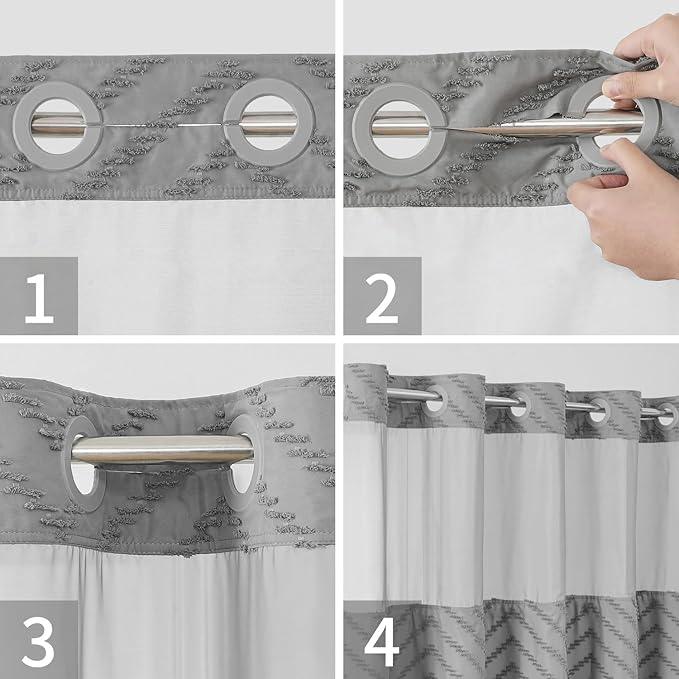 eachope Extra Long No Hook Tufted Chevron Striped Shower Curtain with Snap-in Fabric Liner set-71Wx86H(84H),Grey Hotel Grade Boho Style Shower Curtain,Water Repellent - ModernBath
