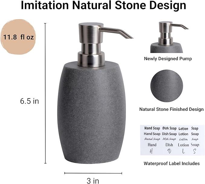 Clasin Home Sandstone Textured Resin Soap Dispenser with Metallic Pump and Waterproof Bottle Labels for Bathroom Kitchen Dish Hand Wash Shower Lotion Shampoo, 12 Oz, Gray - ModernBath