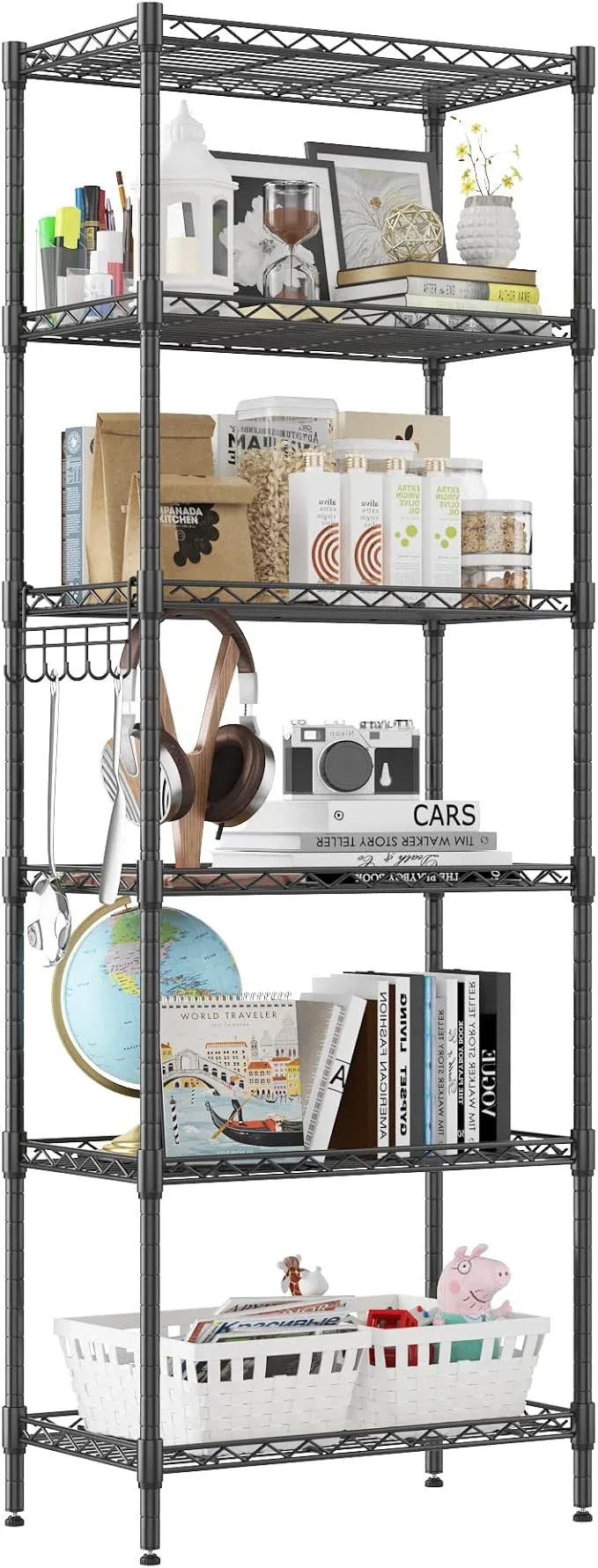 Homdox 6-Tier Storage Shelf Wire Shelving Unit Free Standing Rack Organization Adjustable Leveling Feet, Stainless Side Hooks, Black - ModernBath