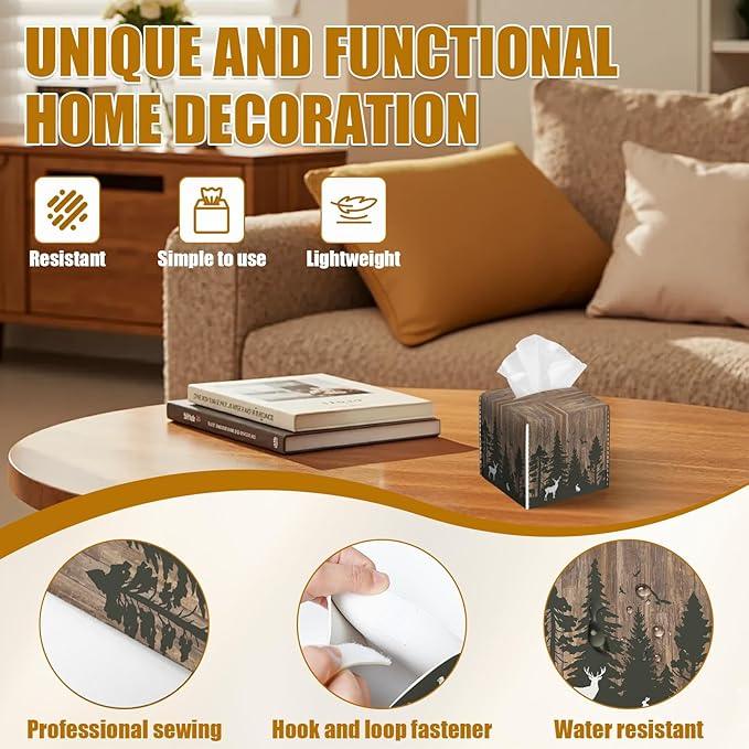 Deer Forest Wood Grain Tissue Box Cover 2PCS, Leather Tissue Box Holder Square Facial Paper Case Tissue Box Cube Organizer for Bathroom Bedroom Desk Office - ModernBath