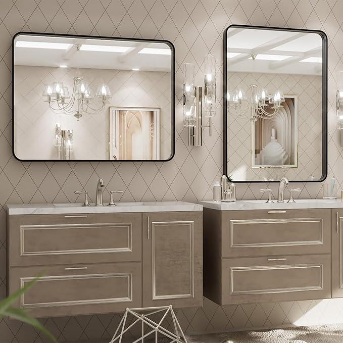 LOAAO 24X32 Inch Black Metal Framed Bathroom Mirror for Wall, Matte Black Bathroom Vanity Mirror Farmhouse, Large Rounded Rectangle Mirror, Anti-Rust, Hangs Horizontally or Vertically - ModernBath