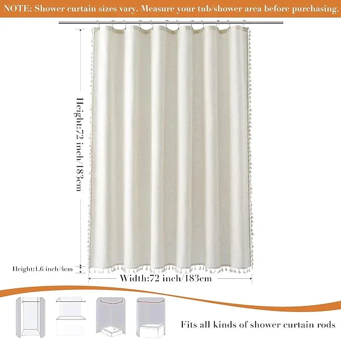 Nanspring Natural Boho Linen Shower Curtain 76 Inches Long Boho Cute Tassel Design Cloth Bath Curtain Set with Hooks Modern Neutral Vintage Country Decor for Bathroom Water Repellent 72x76, Cream - ModernBath