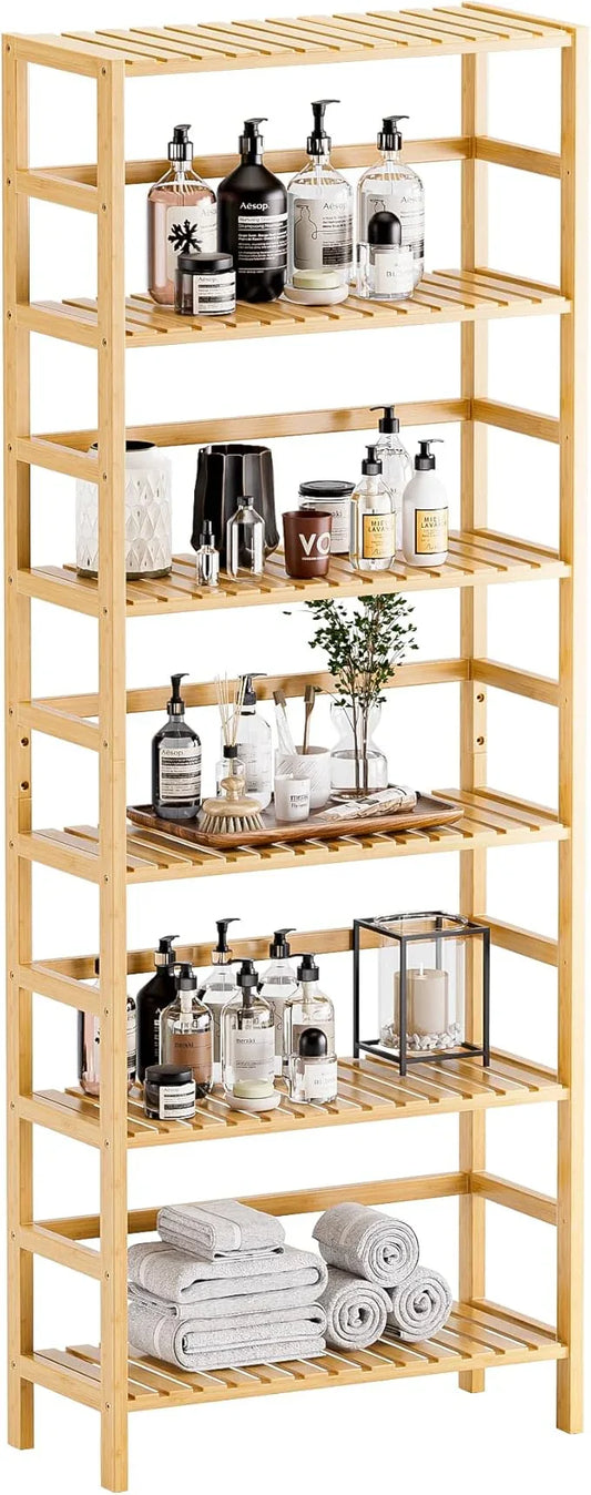 HITNET Bamboo Shelf, 6-Tier Adjustable Tall Open Bookcase, Bathroom Storage Rack Freestanding Shelving Unit, Plant Display Stand for Small Space, Natural - ModernBath
