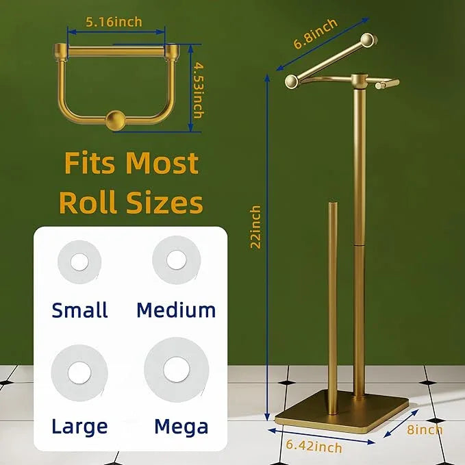RUACQ Toilet Paper Holder Stand, Bathroom Toilet Paper roll Holder Free Standing with Storage for 4 Rolls, Post Pivoting Design, Stable Weighted Base, SUS304 Stainless Steel (Brushed Gold) - ModernBath