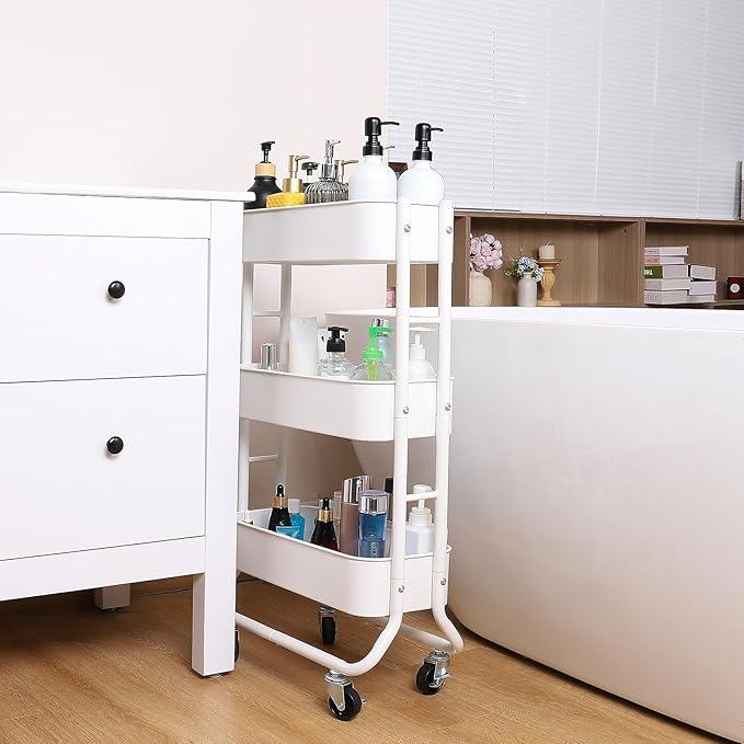 MAX Houser Slim 3-Tier Rolling Utility Cart, Narrow Metal Bathroom Storage Multifunctional Organizer Carts with Wheels with Extra Hook, Laundry Room,Kitchen,Small Space(White) - ModernBath