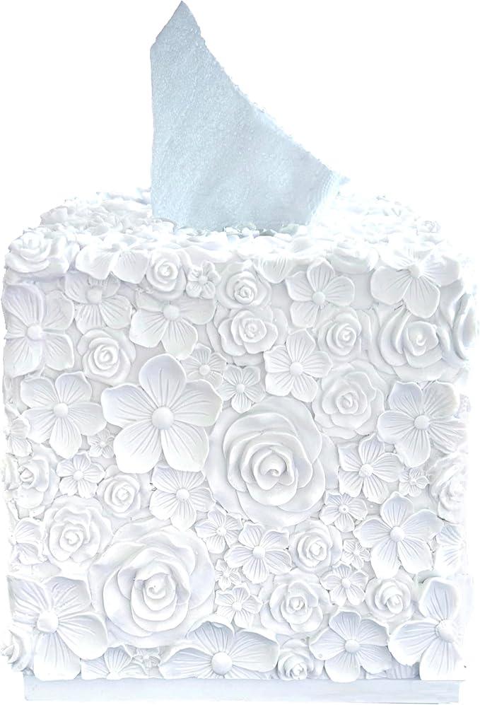 Huitony Square Tissue Box Cover Decorative Kleenex Box Holder for Bathroom & Living Room with Handcrafted Texture (Rose White) - ModernBath